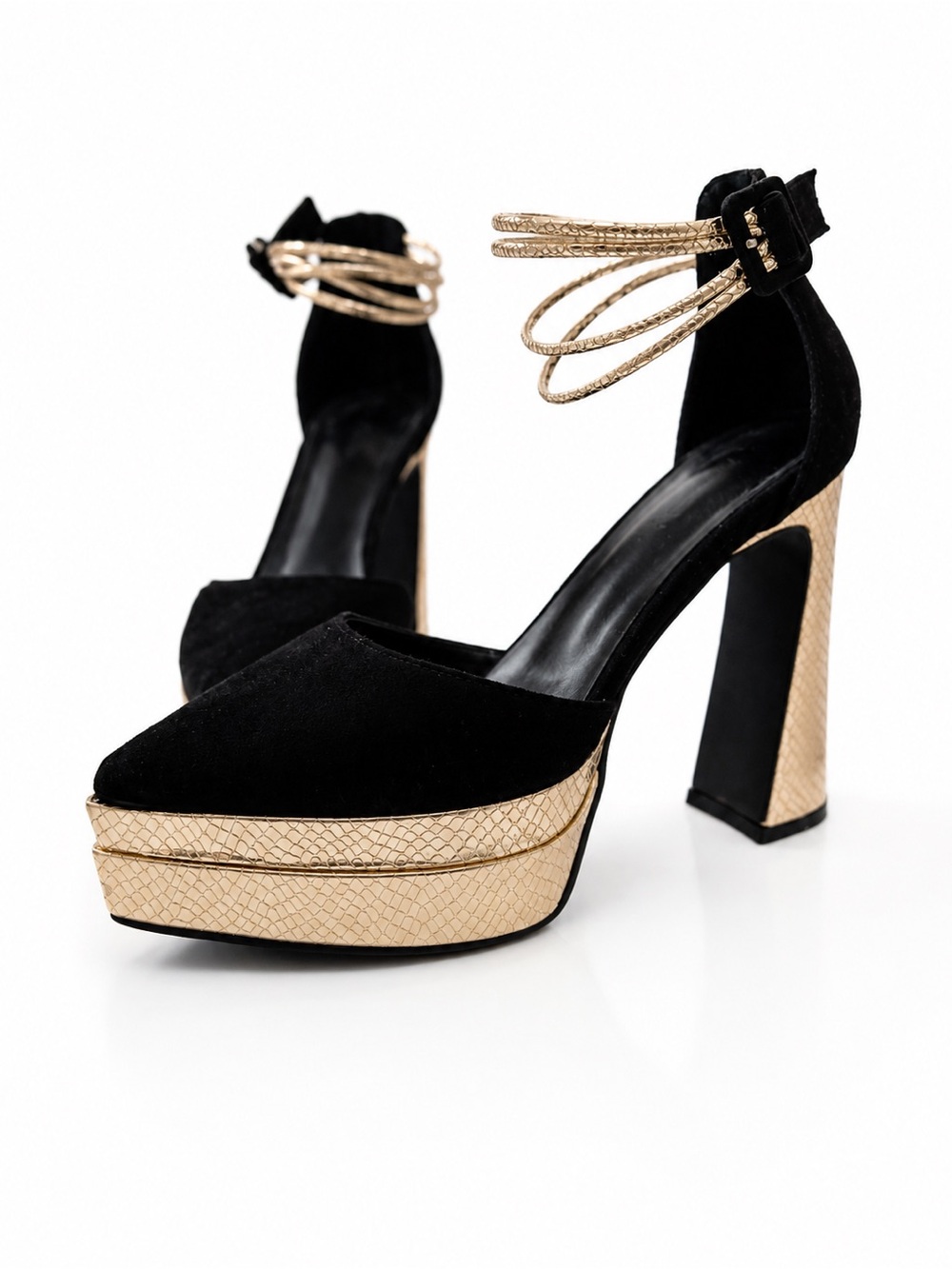Women’s Black & Gold Suede Platform Block Heel Pumps Ankle Strap Buckle 7